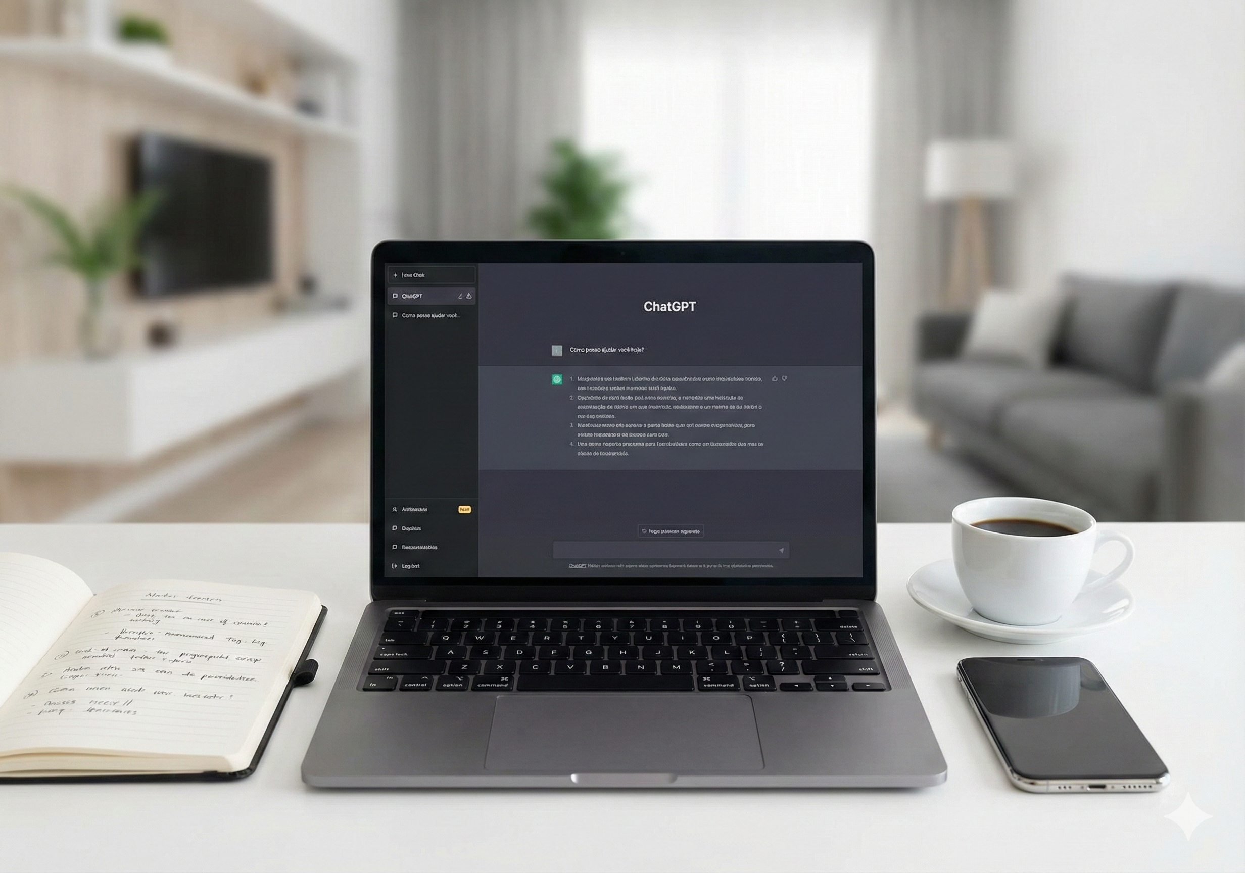 Laptop com ChatGPT e café