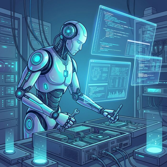 Ilustração vetorial realista de um robô técnico de informática analisando hardware e programando em telas holográficas.