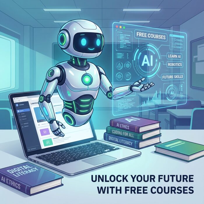 Ilustração vetorial realista de um robô professor de IA acima de um notebook com livros, tema educacional.