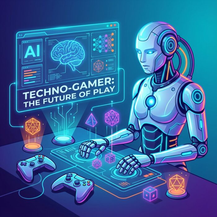 Ilustração vetorial realista de um robô futurista e interface de IA interagindo com controles de videogame e dados de RPG.
