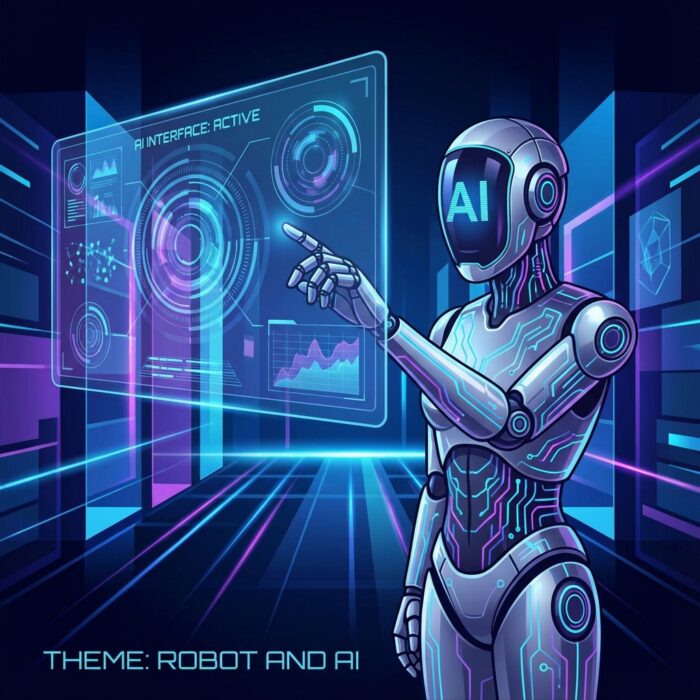 Ilustração vetorial realista de um robô futurista interagindo com uma interface de inteligência artificial neon em tons de azul e roxo.