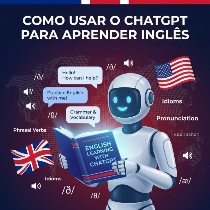 Robô de IA professor de idiomas em tons de azul e branco segurando livro de inglês digital cercado por bandeiras, símbolos fonéticos e bolhas de diálogo em inglês