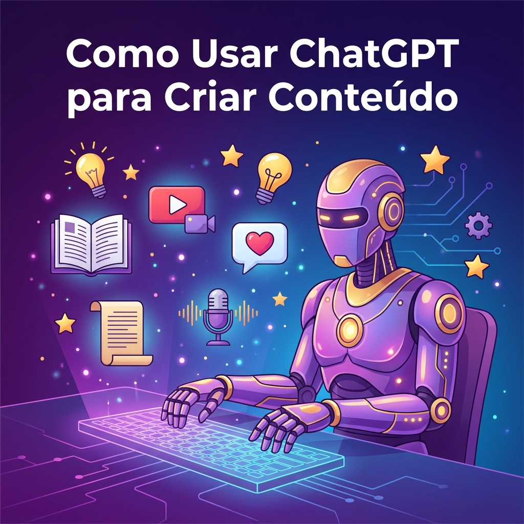 Robô de IA criativo em tons de roxo e dourado digitando em teclado holográfico cercado por ícones flutuantes de diferentes tipos de conteúdo como artigos, vídeos, e-books e podcasts