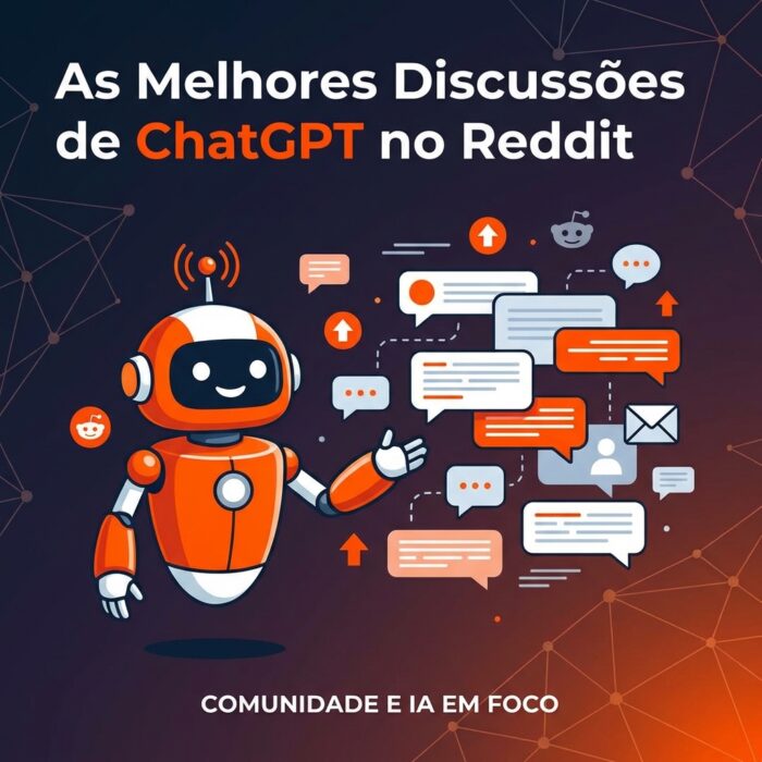 Robô de IA amigável em tons de laranja e branco interagindo com bolhas de diálogo, ícones de upvote e threads de conversação do Reddit em ambiente de comunidade digital