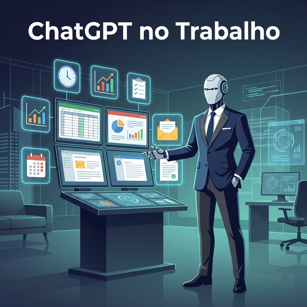 Robô de IA profissional em terno azul marinho em escritório futurista interagindo com múltiplas telas mostrando planilhas, apresentações e documentos com ícones de produtividade