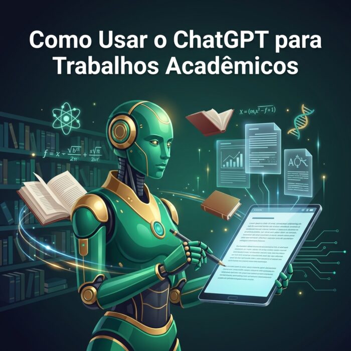 Robô de IA estudioso em tons de verde esmeralda e dourado cercado por livros flutuantes, documentos acadêmicos holográficos e símbolos científicos em biblioteca digital