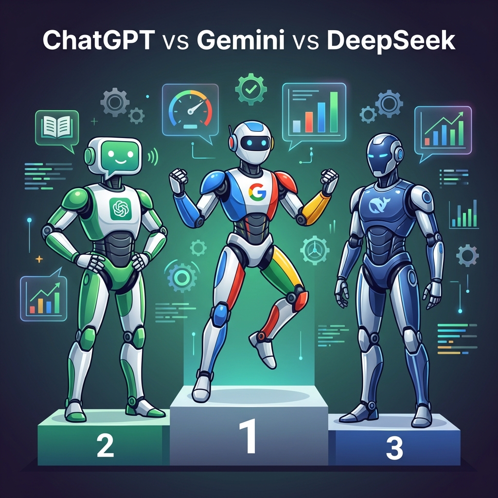 Três robôs de IA distintos em pódio de comparação: ChatGPT em verde e branco, Gemini em cores do Google, e DeepSeek em azul profundo, com gráficos de desempenho ao fundo