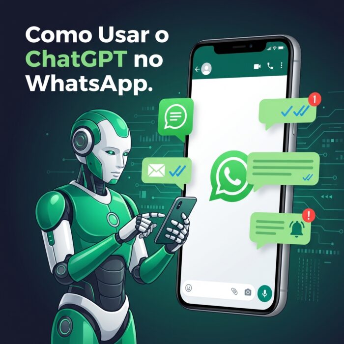 Robô de IA em tons de verde esmeralda e branco interagindo com smartphone gigante mostrando interface do WhatsApp com bolhas de mensagem e notificações flutuantes