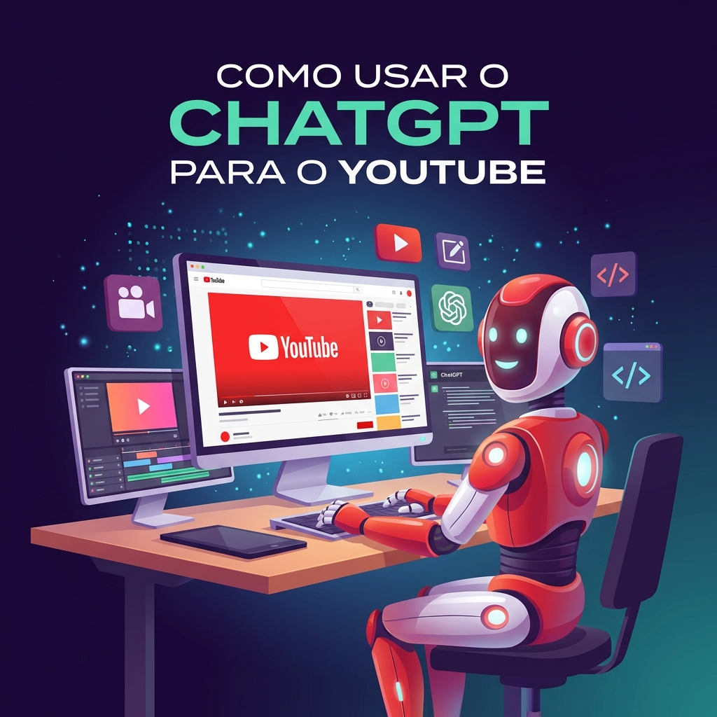 Robô de IA em tons de vermelho e branco editando vídeos em uma estação de trabalho criativa com telas mostrando interface do YouTube e ferramentas de edição
