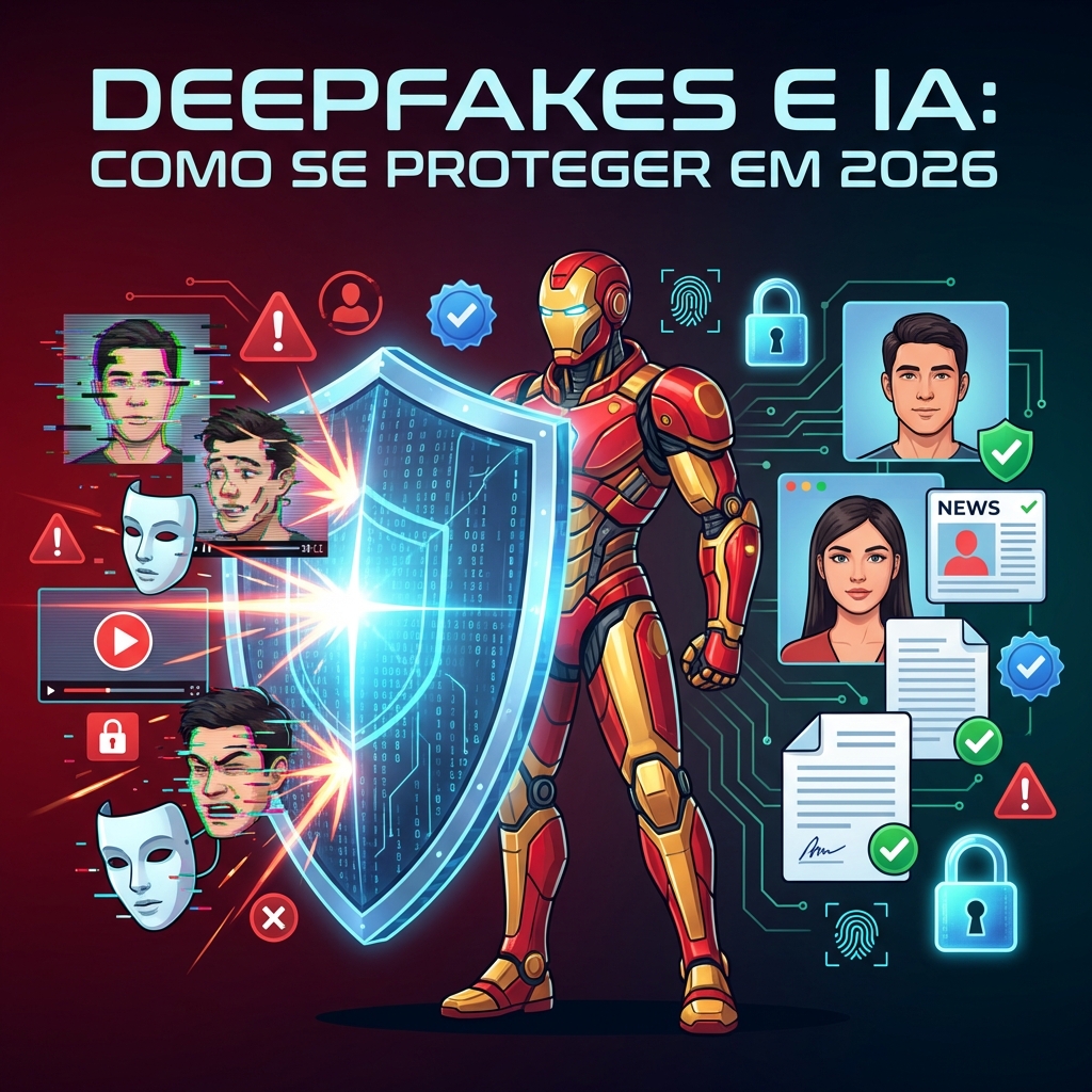 Robô guardião em tons de vermelho e dourado segurando escudo digital protetor bloqueando deepfakes e conteúdo falso, com símbolos de segurança e autenticidade ao redor