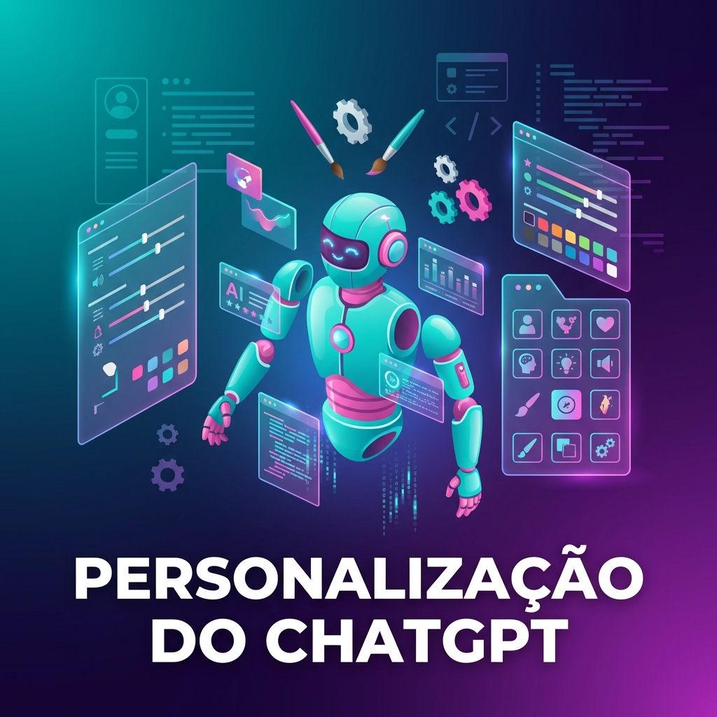 Robô de IA modular em tons de turquesa e rosa sendo customizado com painéis de configuração holográficos, sliders de ajuste, paletas de cores e ferramentas de personalização