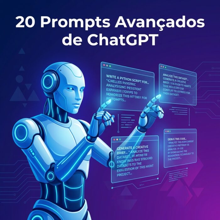 Robô de IA futurista em tons de azul e branco interagindo com telas holográficas exibindo prompts avançados de ChatGPT em um ambiente tecnológico moderno