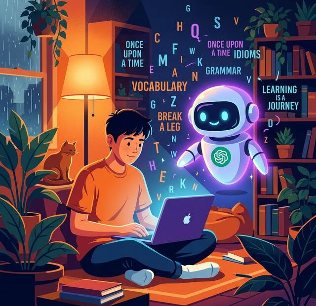 Jovem estudando inglês em um laptop com assistente de IA, simbolizando o ChatGPT para aprendizado de idiomas.