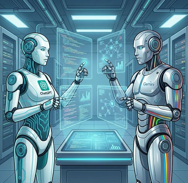 Ilustração vetorial realista de dois robôs futuristas representando a batalha tecnológica entre Google Gemini e ChatGPT em um ambiente de dados digital.