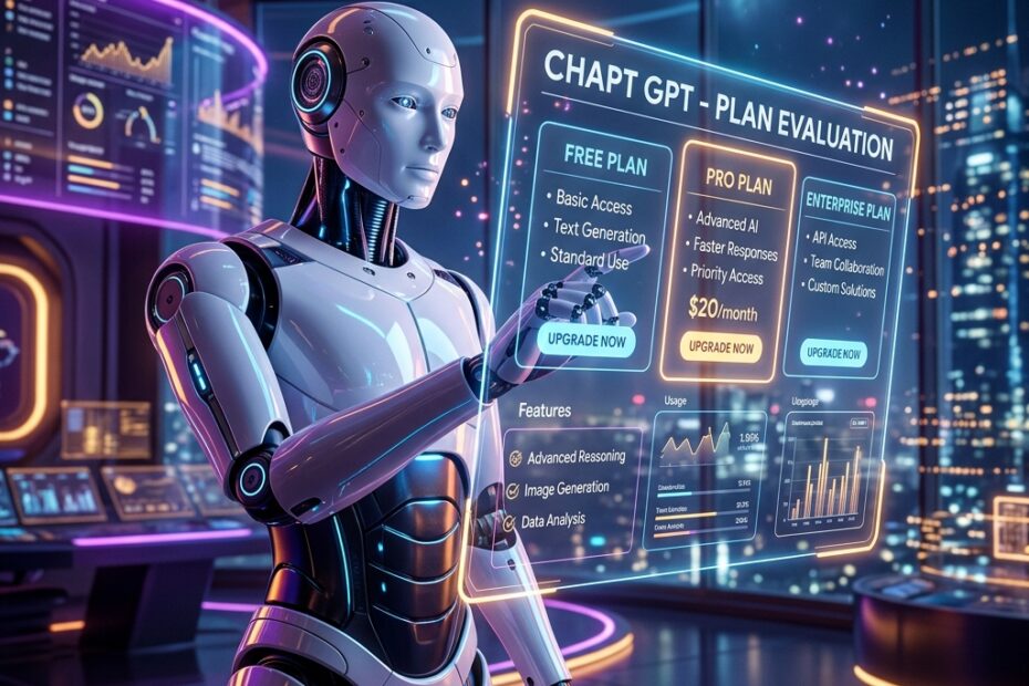 Robô futurista analisando planos Go, Plus e Pro