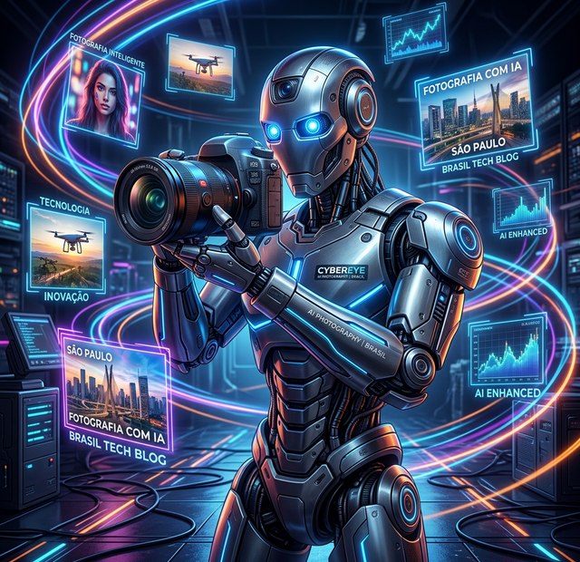 Robô fotógrafo futurista com câmera profissional representando ChatGPT para fotografia com IA