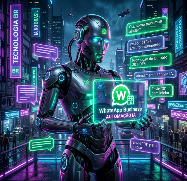Robô futurista usando WhatsApp Business com IA e ChatGPT para automação de atendimento