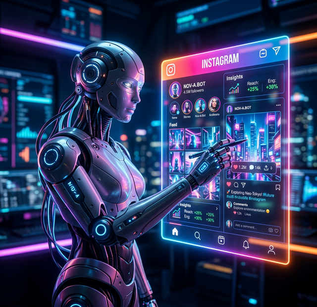 Robô futurista com inteligência artificial gerenciando Instagram