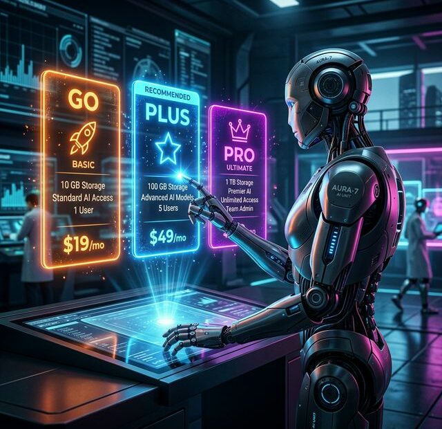 Robô futurista analisando planos Go, Plus e Pro
