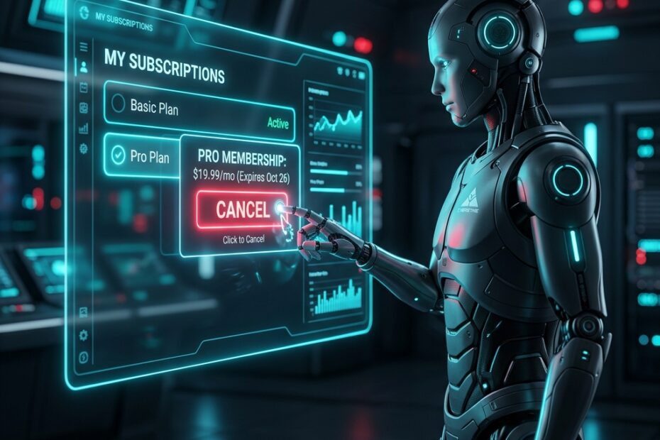 Ilustração 3D de um robô futurista interagindo com uma interface e pressionando cancelar assinatura.
