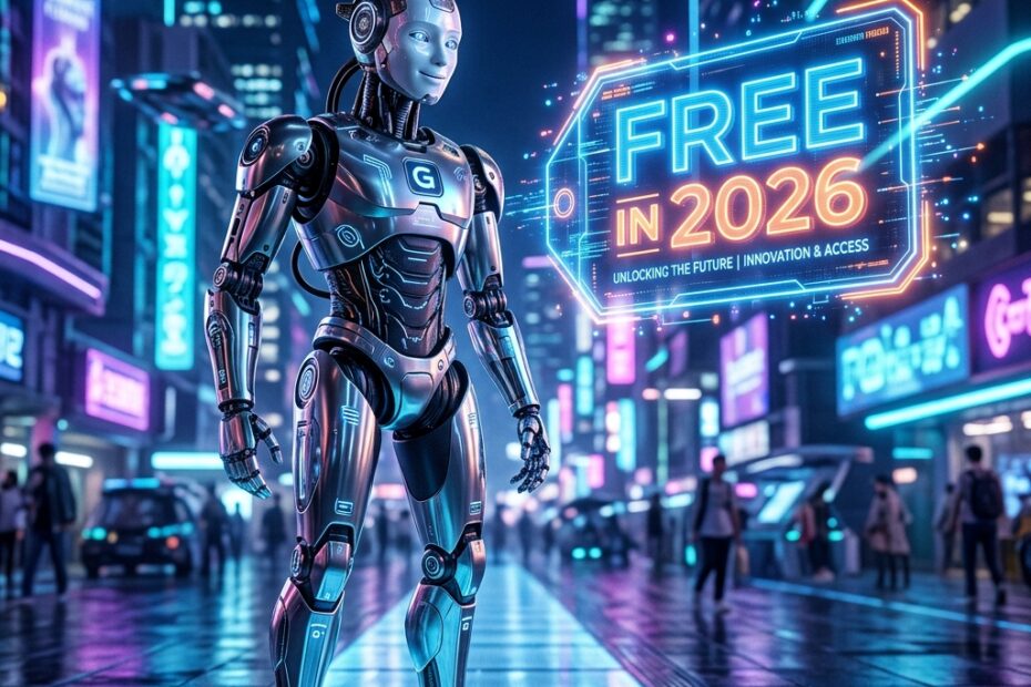 Ilustração 3D de um robô futurista em uma cidade neon segurando um painel que diz Free in 2026.