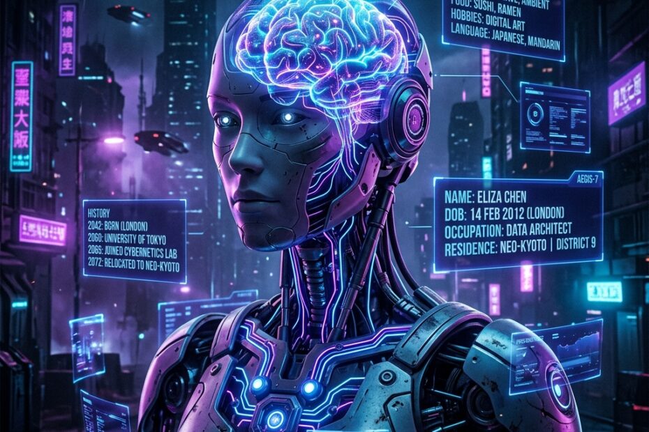 Robô de inteligência artificial com cérebro holográfico brilhante e cartões de memória flutuantes mostrando preferências e histórico de usuário em cenário cyberpunk