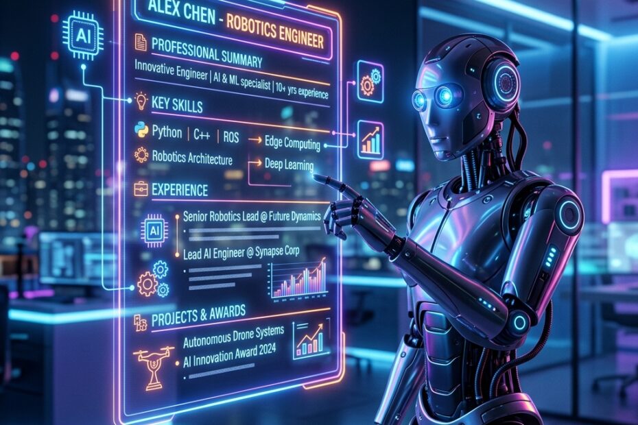 Ilustração futurista de um robô de IA analisando um lindo currículo brilhante flutuante com dados e gráficos.