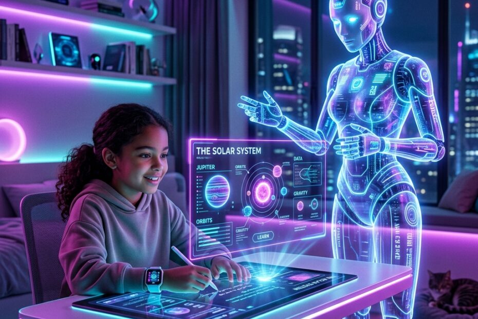 Ilustração futurista de um robô holográfico ensinando um estudante com uma interface brilhante.