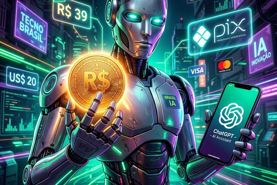 Robô futurista segurando moeda real e celular com ChatGPT, mostrando como assinar mais barato no Brasil usando Pix e cartão