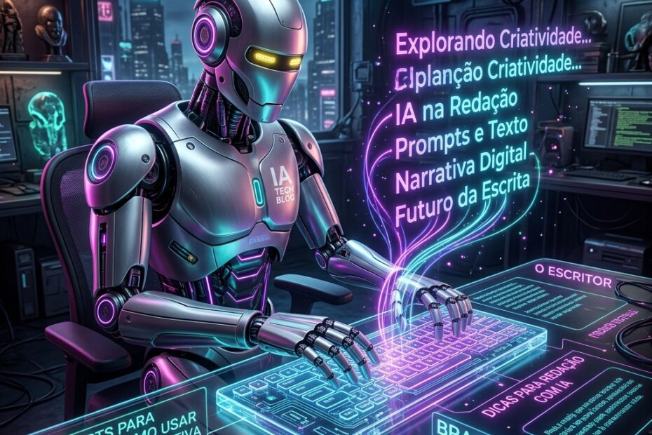 Robô futurista digitando em teclado holográfico com fragments de texto flutuando — prompts para escrever melhor com ChatGPT