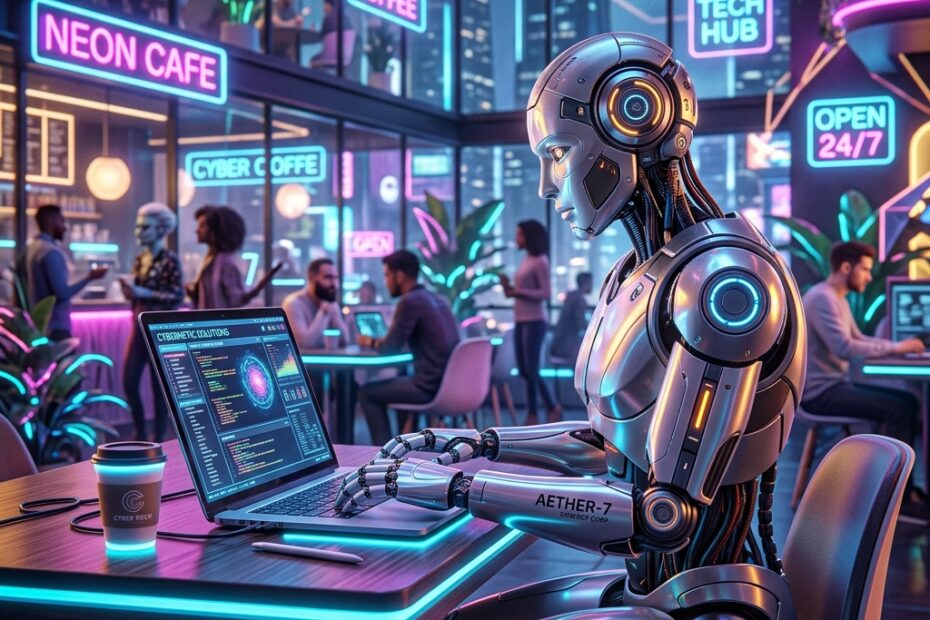 Ilustração 3D de um robô futurista trabalhando em um notebook moderno em um café com luzes neon, representando um freelancer.