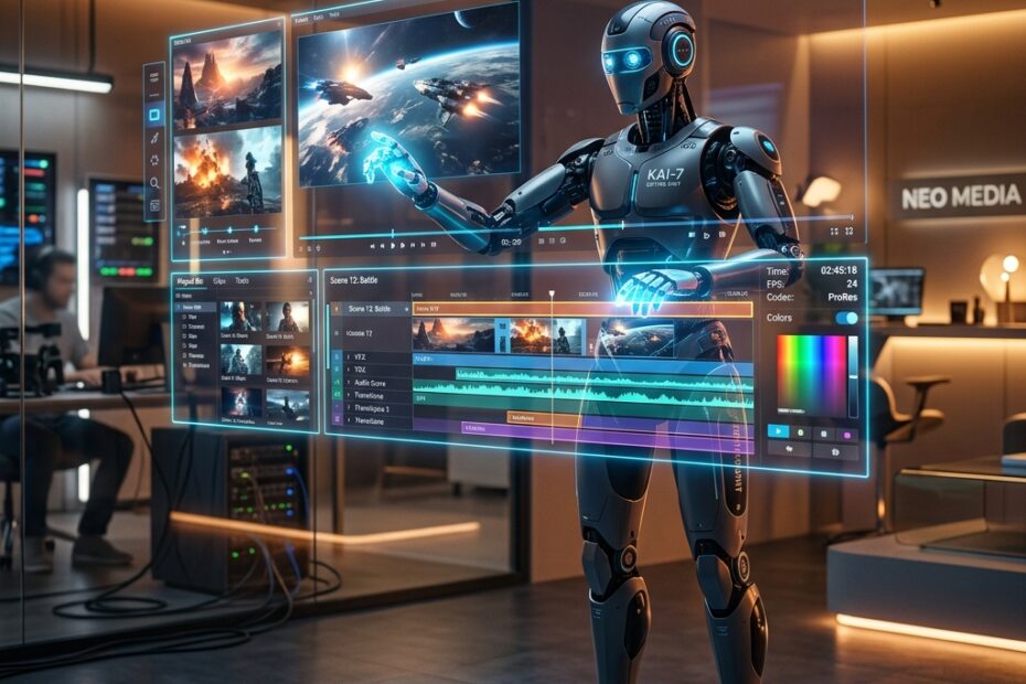 Robô futurista em um estúdio moderno editando vídeos cinematográficos em telas holográficas com linhas do tempo digitais e iluminação vibrante.