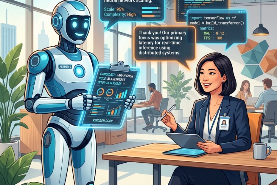Ilustração vetorial de robô de inteligência artificial segurando prancheta holográfica e fazendo perguntas, representando o método de prompt de entrevista.