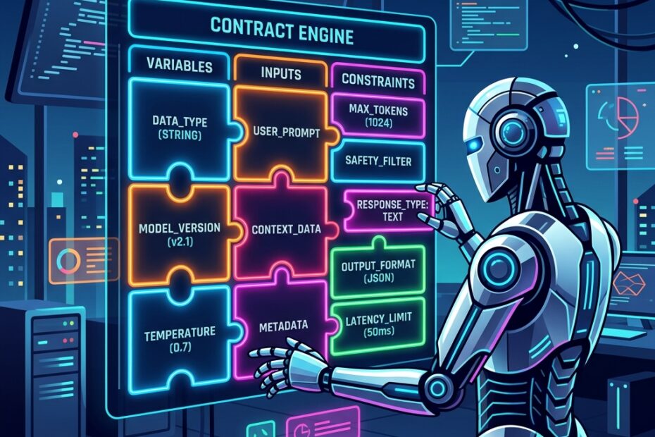 Ilustração vetorial de robô de inteligência artificial encaixando blocos lógicos holográficos de um contrato de prompt com regras estritas.