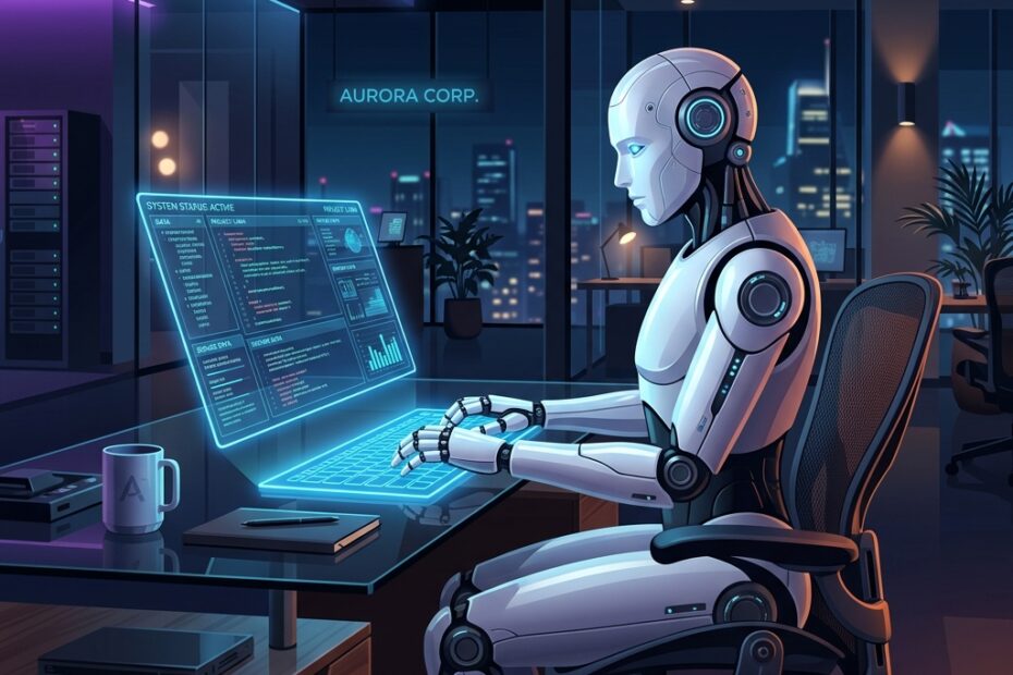 Desenho vetorial de um robô futurista trabalhando em escritório moderno com telas virtuais holográficas, representando o uso de inteligência artificial invisível nas empresas.