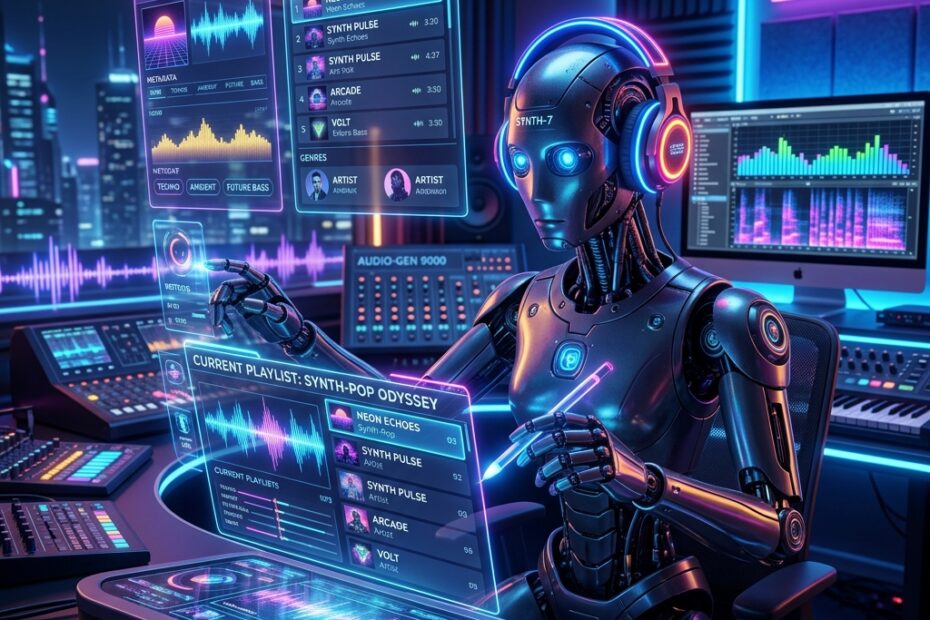Robô futurista usando fones de ouvido neon analisando e criando playlists musicais holográficas em um estúdio tecnológico de alta fidelidade.