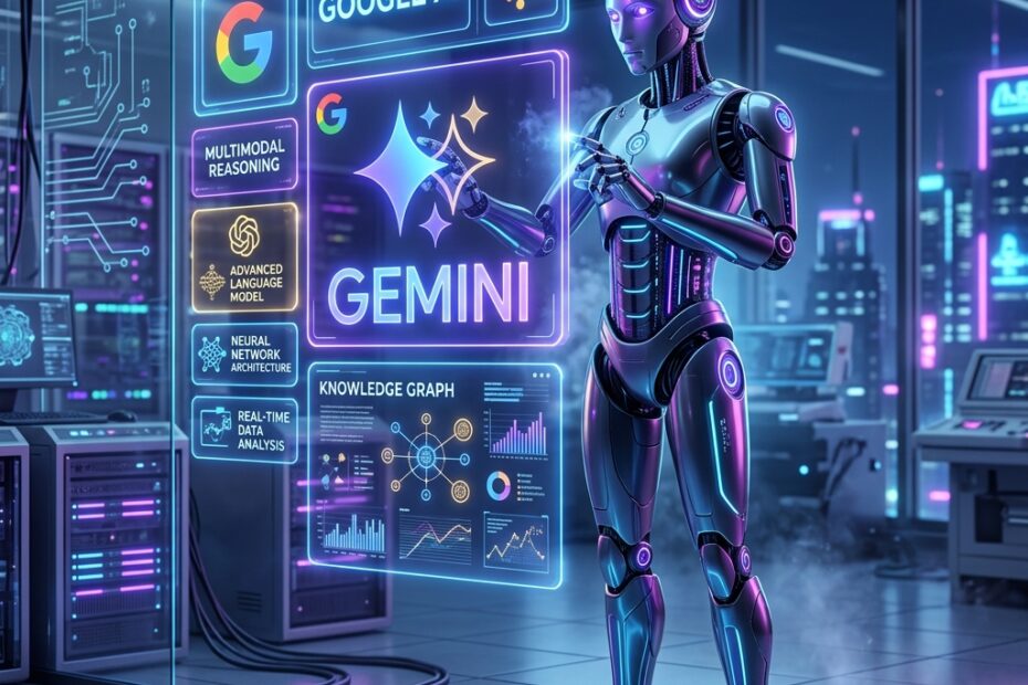 Robô futurista em laboratório de tecnologia interagindo com telas holográficas do Modo IA do Google e Gemini.