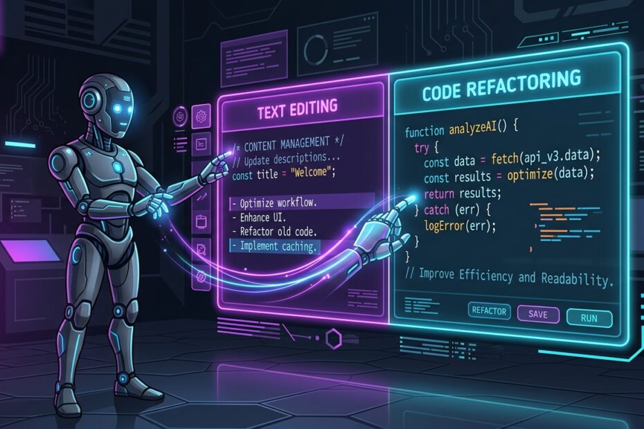 Ilustração vetorial estilo Google Discovery de um robô de IA interagindo com uma interface holográfica dividida em Canvas de edição de texto e código.