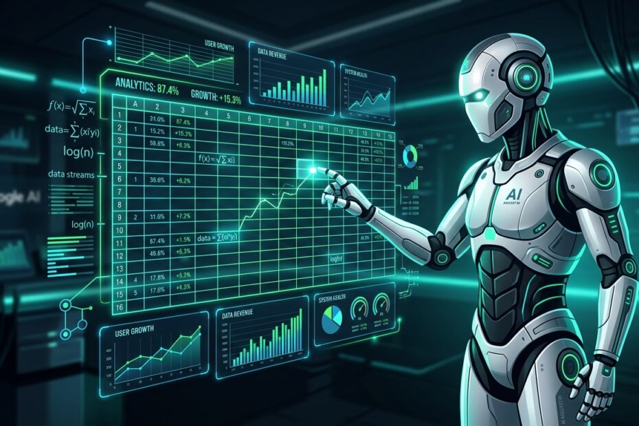 Ilustração vetorial estilo Google Discovery de um robô de IA manipulando uma planilha holográfica tridimensional com gráficos e fórmulas no Excel e Google Sheets.