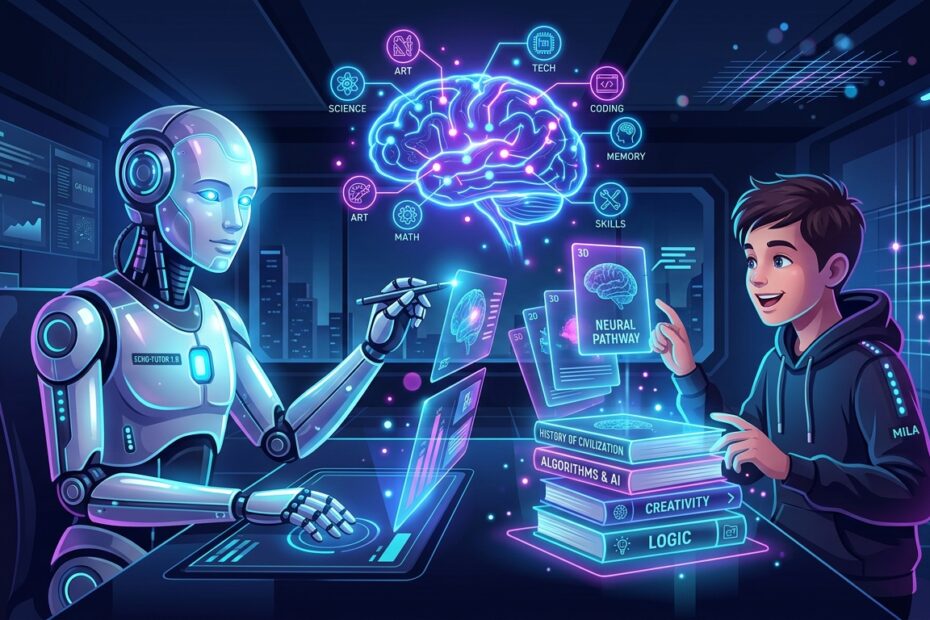 Ilustração vetorial estilo Google Discovery de um robô de IA tutor orientando um estudante com livros e flashcards holográficos em 3D.