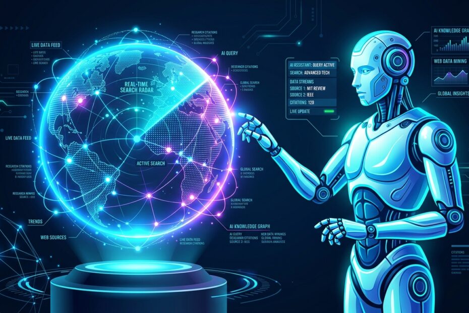Ilustração vetorial estilo Google Discovery de um robô de IA explorando um globo digital 3D holográfico com radar de busca na web em tempo real.