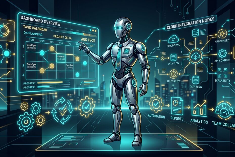 Ilustração vetorial estilo Google Discovery de um robô de IA gerente executivo supervisionando calendários holográficos e nós de integração em nuvem.