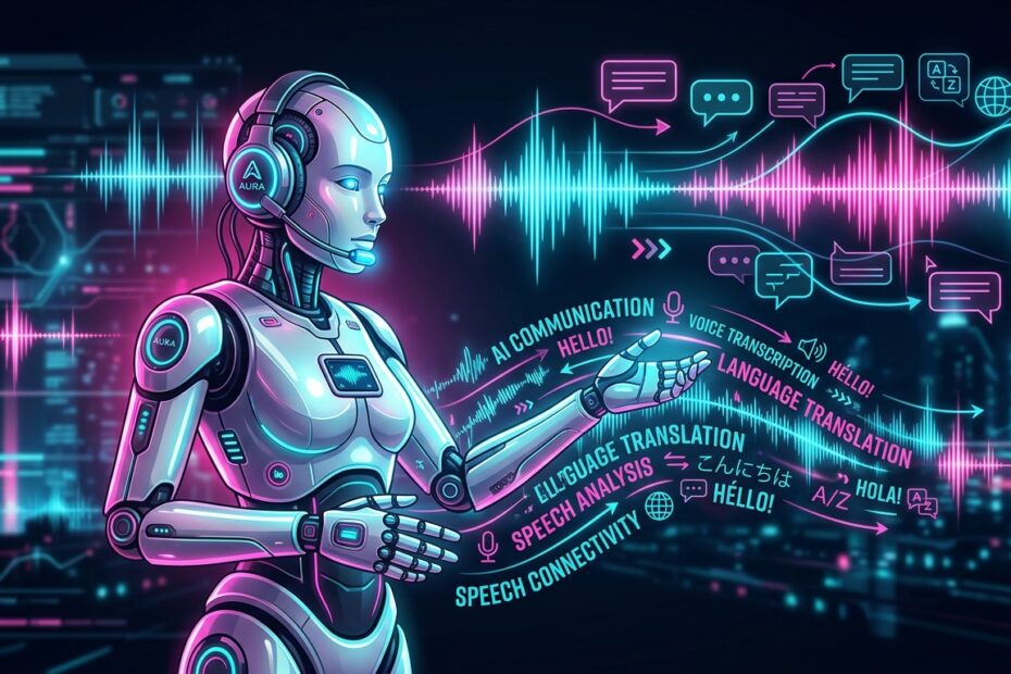 Ilustração vetorial estilo Google Discovery de um robô de IA com headset de comunicação interagindo com ondas sonoras holográficas e balões de idioma.
