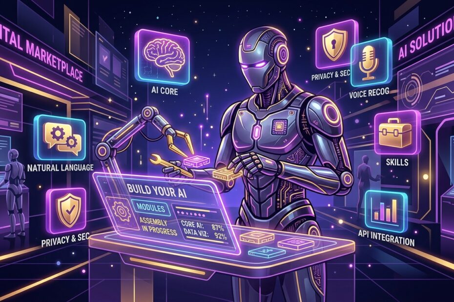 Ilustração vetorial estilo Google Discovery de um robô de IA montando módulos de assistentes personalizados em um marketplace digital.