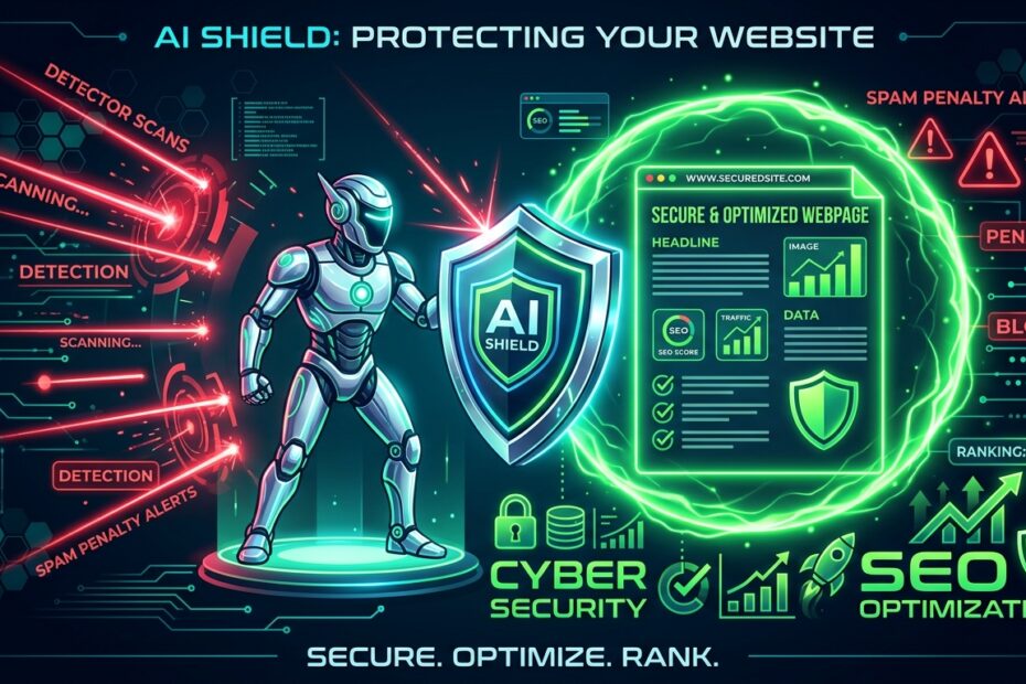 Ilustração vetorial estilo Google Discovery de um robô de IA guardião protegendo uma página web contra verificadores e punições de spam de SEO.