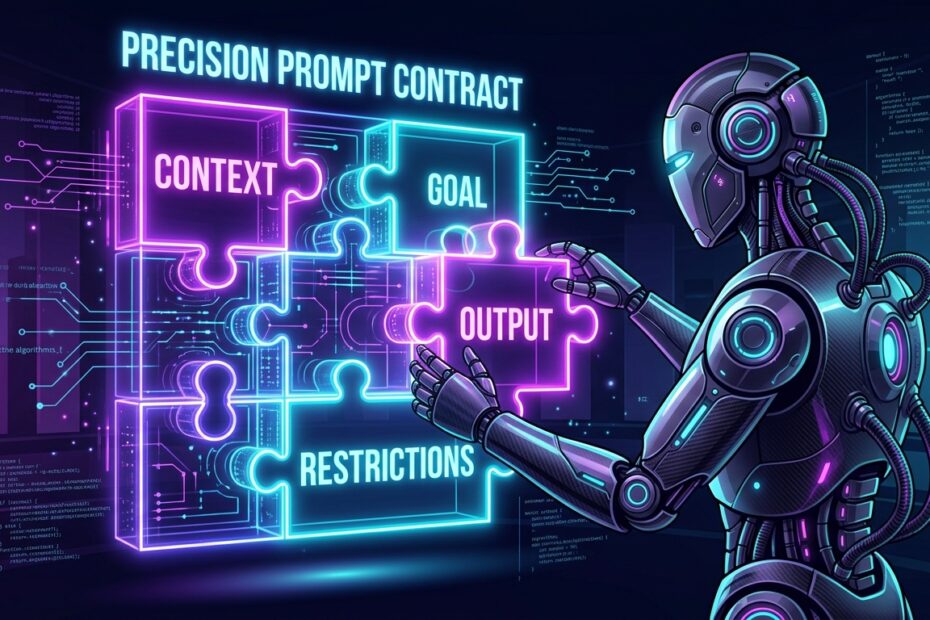 Ilustração vetorial estilo Google Discovery de um robô de IA montando a estrutura precisa de um contrato de prompt com blocos holográficos de Contexto, Restrições, Objetivo e Saída.
