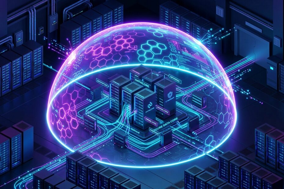 Ilustração 3D de um escudo de segurança digital holográfico protegendo dados de servidores e redes corporativas em uma pequena e média empresa.