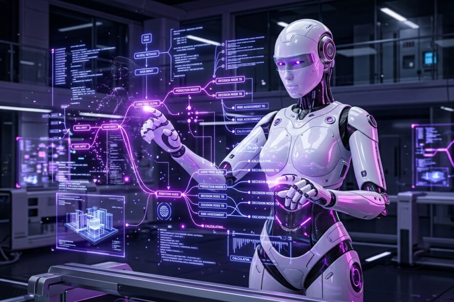 Ilustração 3D futurista de um robô de inteligência artificial analisando redes de dados e algoritmos de raciocínio lógico em um painel holográfico.