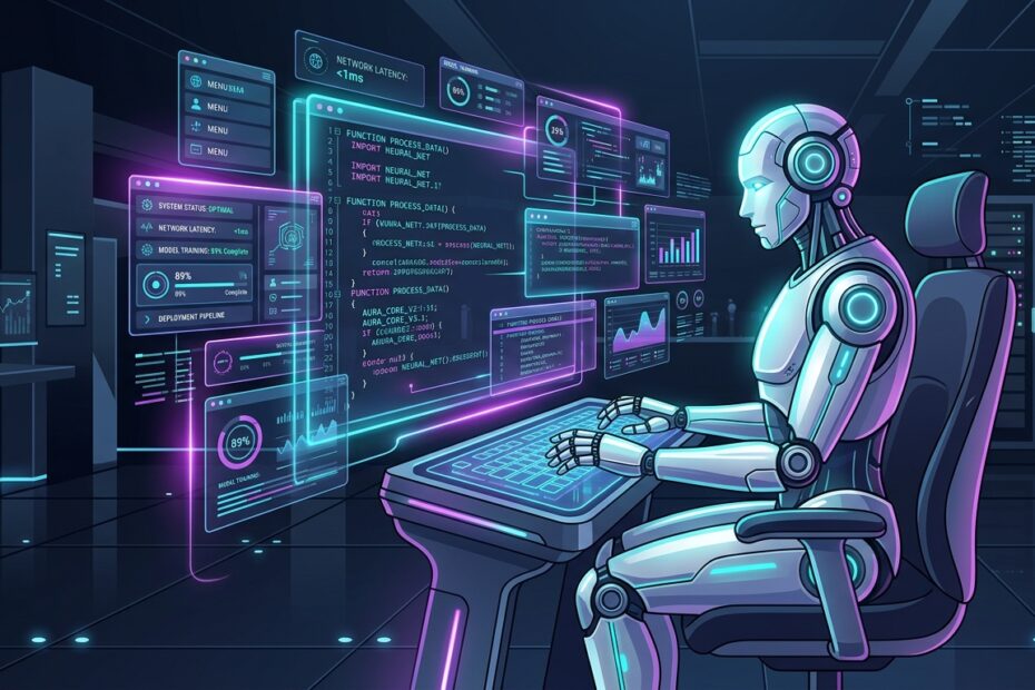 Ilustração vetorial estilo Google Discovery de um robô de IA programador operando um terminal de comando com blocos de código holográficos.