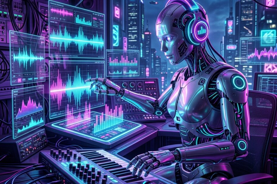 Robô futurista produtor musical e DJ manipulando sintetizador e ondas sonoras holográficas em estúdio cyberpunk.